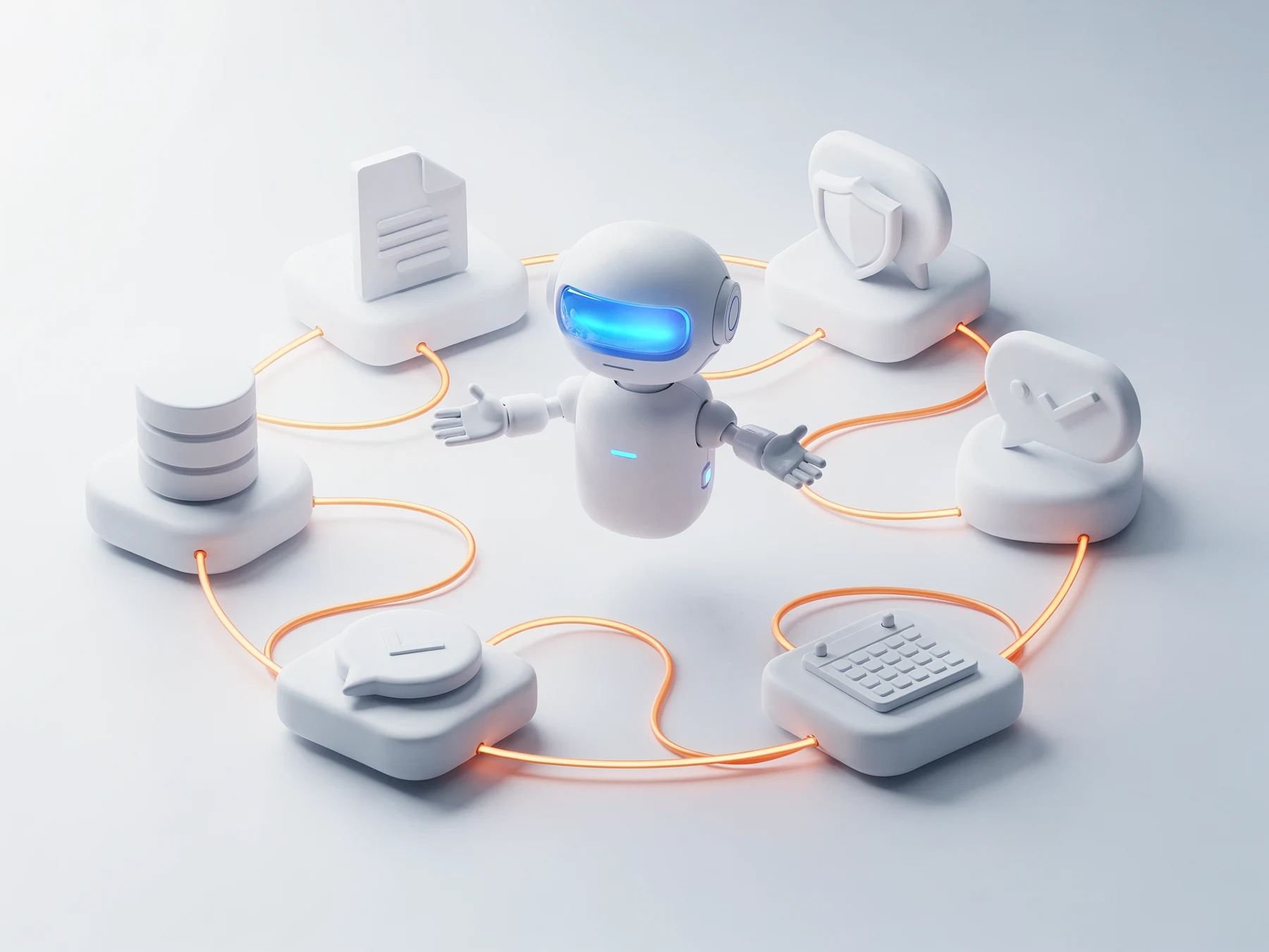 Illustration of a friendly AI agent orchestrating documents, data, security checks, and messages